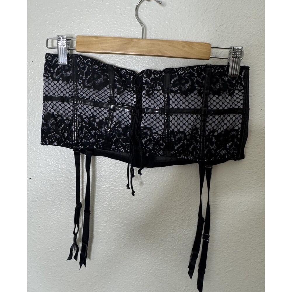 Victoria's Secret Very Sexy Garter Belted Black Lace Faux Leather Corset Size L